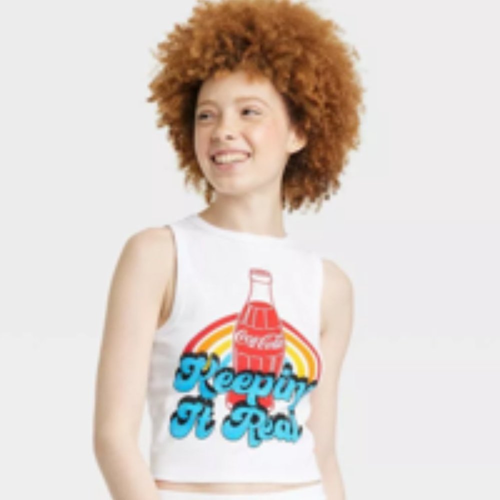 Coca-Cola "Keeping It Real" Studs Embellished Cropped Tank Top Juniors Sz XL NWT